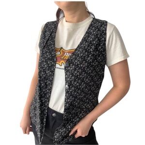 Rare Vintage 90s Black & White Floral Button-Up Vest V Neckline S/M